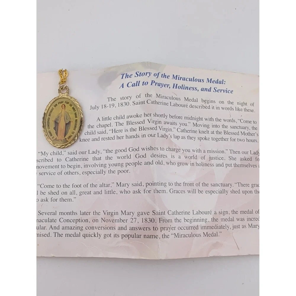 MIraculous Medal Pendant Necklace & Information Card- Gold Tone